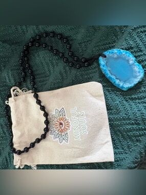 Black Beaded Necklace with Blue Agate Pendant